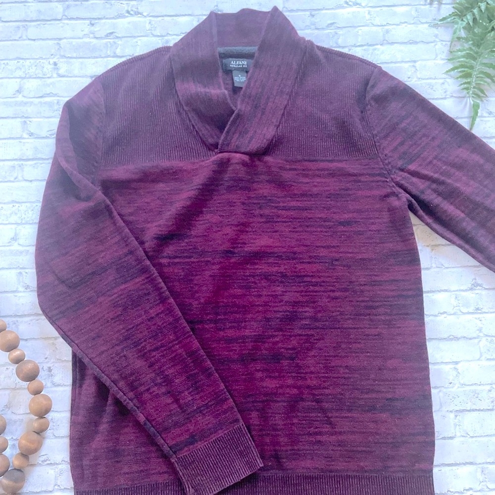 Alfani Mens Maroon Black Shawl Neck Sweater Small Work Casual Cozy Work Pullover